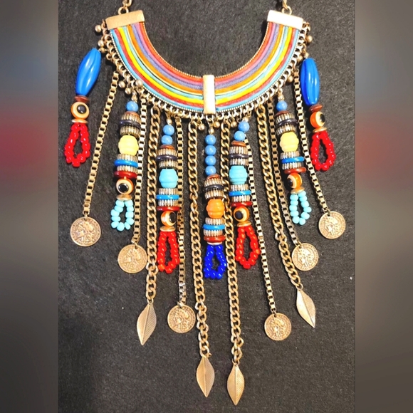 Aldo Statement Necklace Ethnic Beaded Dangles Gold Tone Curb Chain Bib 26" - Picture 2 of 5